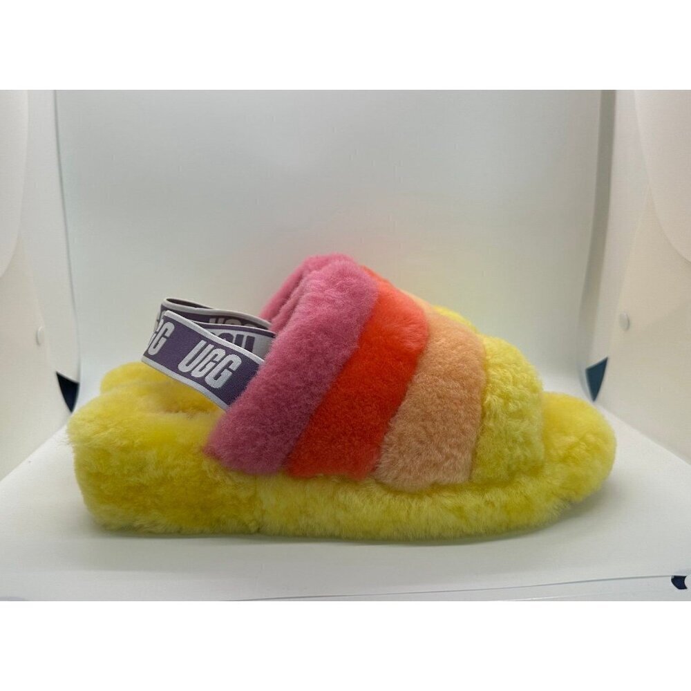 UGG WOMEN FLUFF YEAH SLIDE PRIDE RAINBOW YELLOW SANDAL Size 8.0 US - Picture 8 of 12